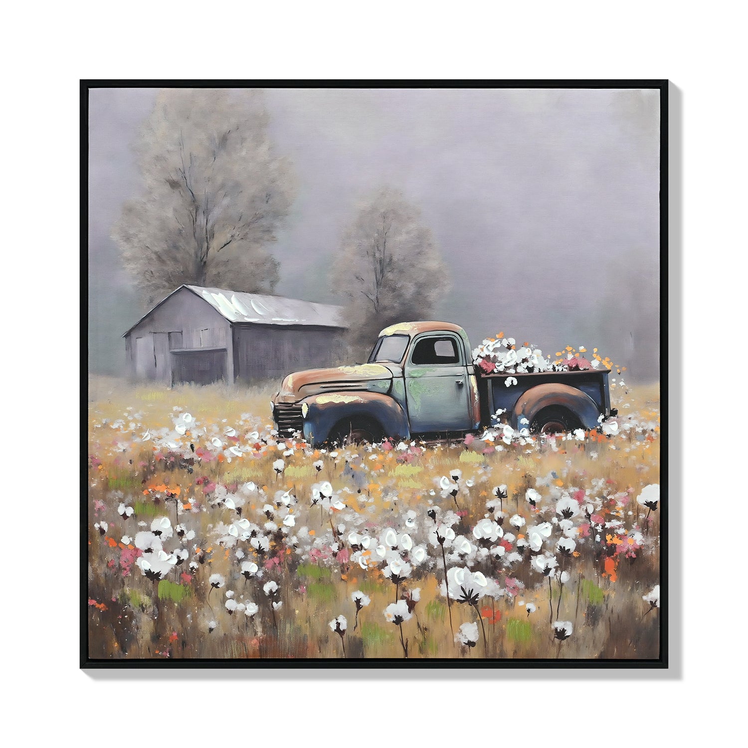 Farmhouse Old Truck Canvas Wall Art, Old Barn Pictures Wall Art, Country Antique Pickup Truck Canvas Prints, Blue Truck With Red Floral Flower Art Prints For Farmhouse Spring Decor 24 Hx24 W Inches - PULSE MART