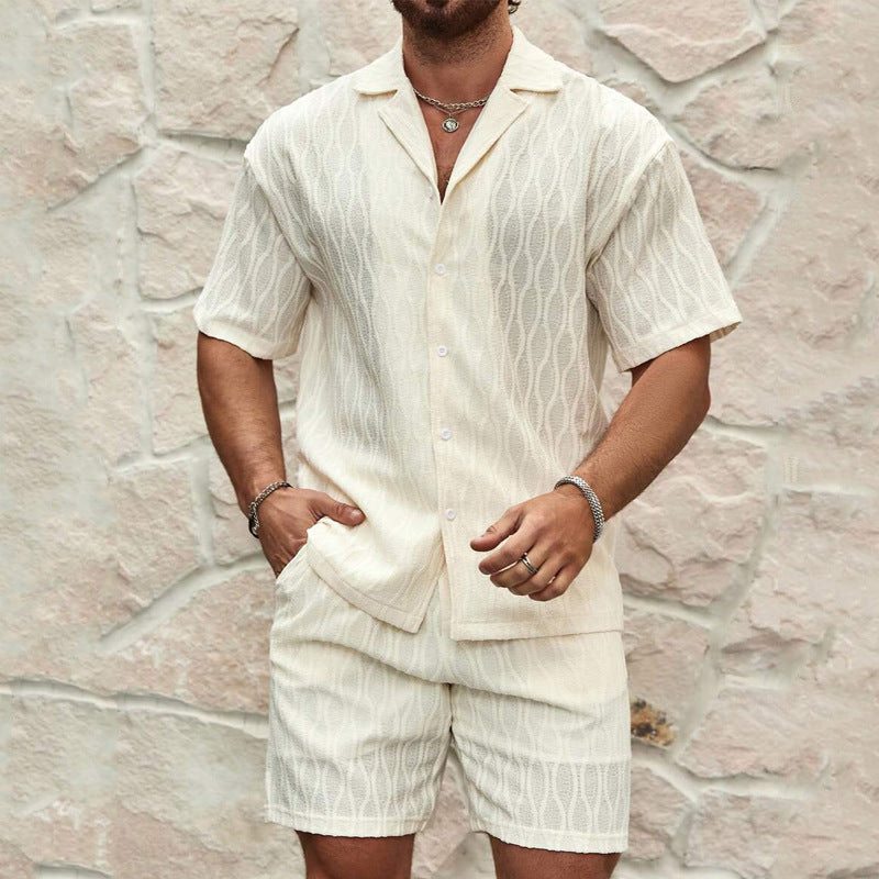 Men Tracksuits Summer Fashion Solid Loose Casual Two Pieces Lapel Button Shirt Shorts Beach Holiday All-match Outfits Male - PULSE MART