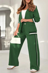 2 Pcs Set Women Suit Coat Pants Suit Lapel Long Sleeves Lady Jacket Wide Leg High Waist Trousers Female Commuting Office Outfit - PULSE MART