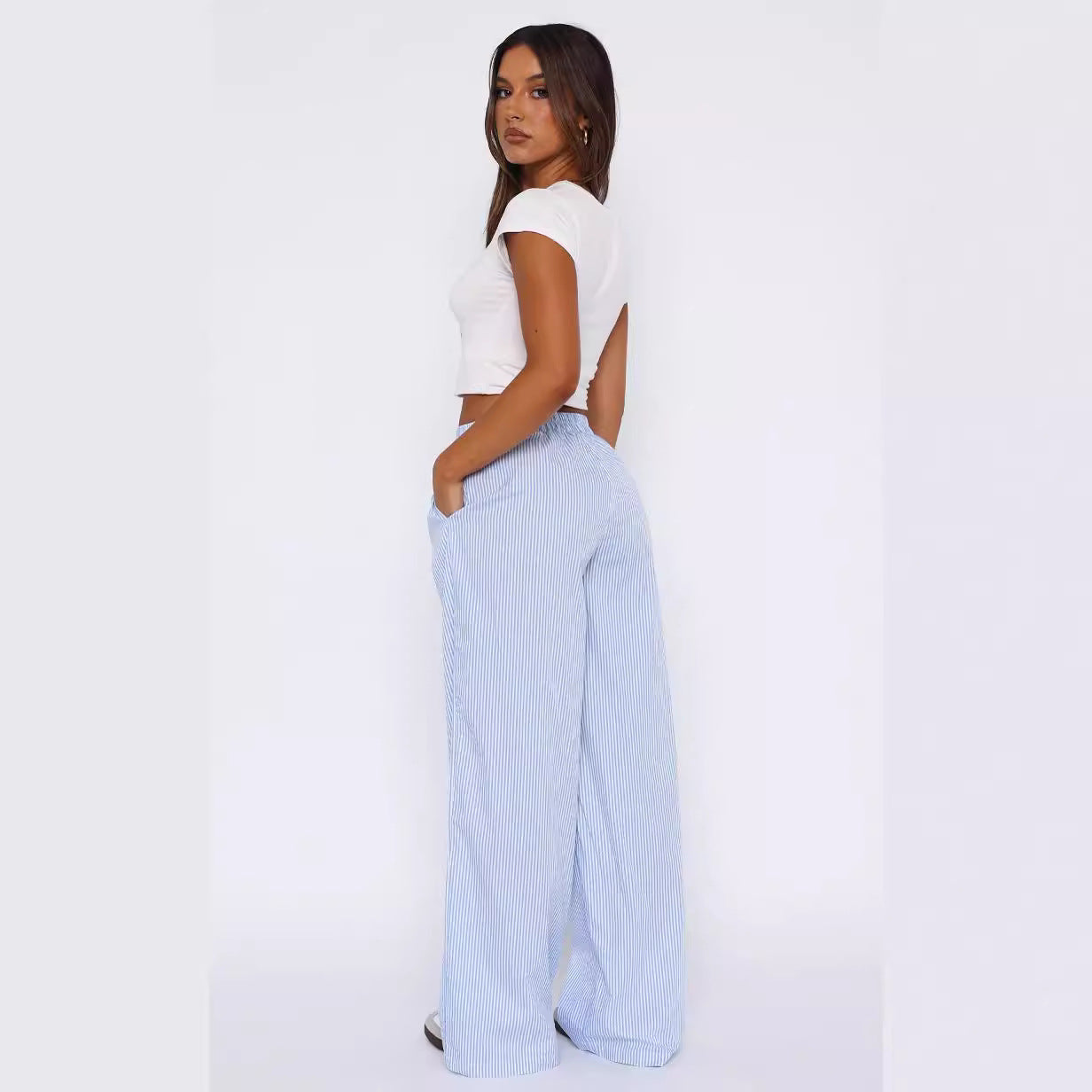 Fashion Y2K Striped Straight Trousers Summer Elastic High Waist Wide Leg Pants For Women - PULSE MART
