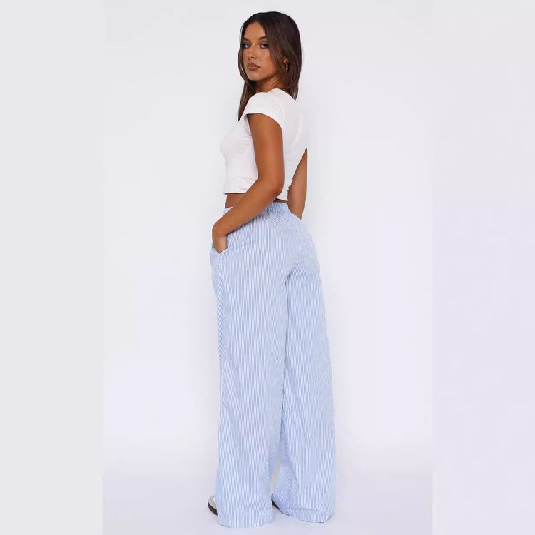 Fashion Y2K Striped Straight Trousers Summer Elastic High Waist Wide Leg Pants For Women - PULSE MART