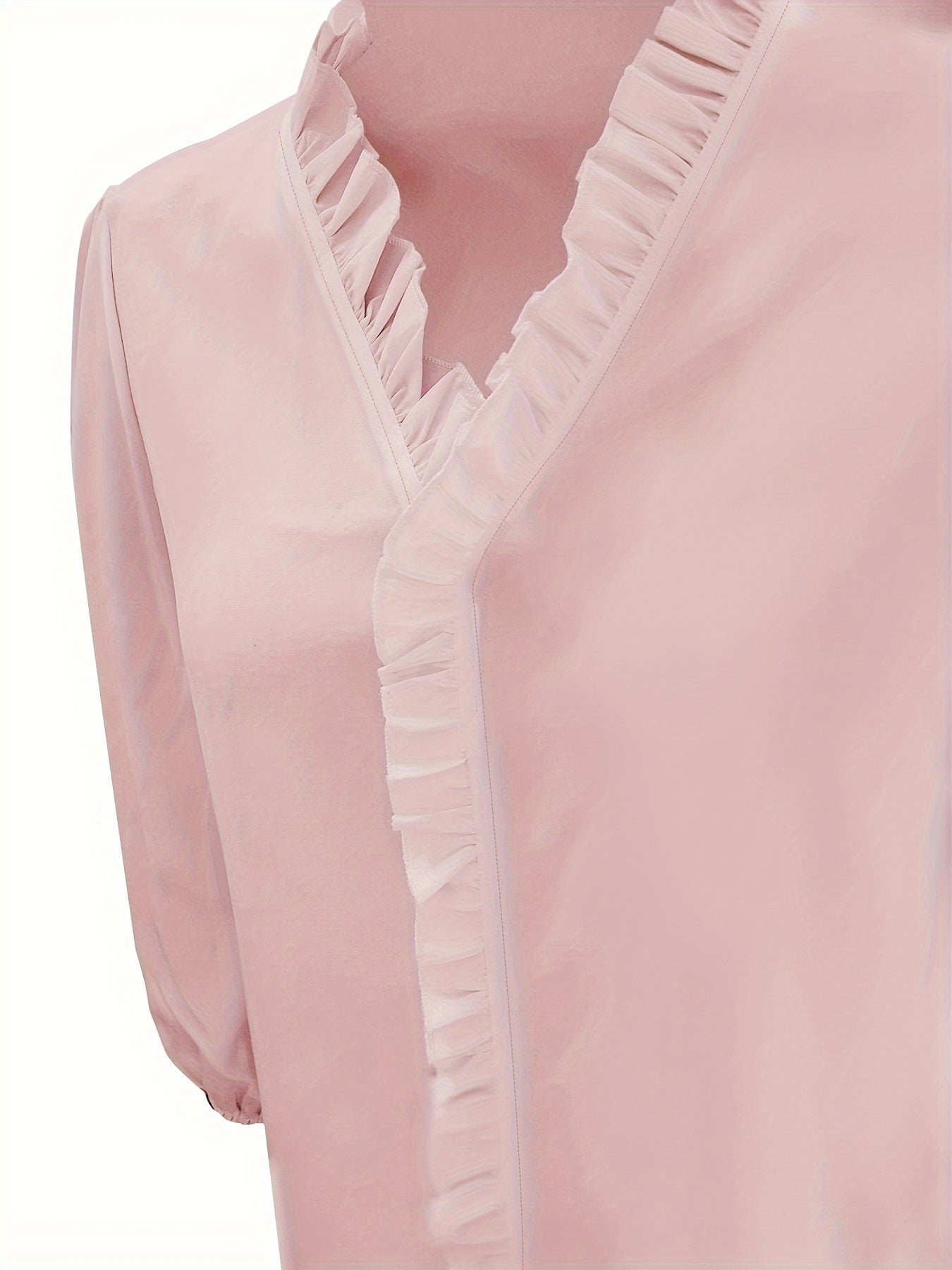 Pure Color Ruffle Hemline Shirt, Casual V-neck Long Sleeve Shirt. - PULSE MART