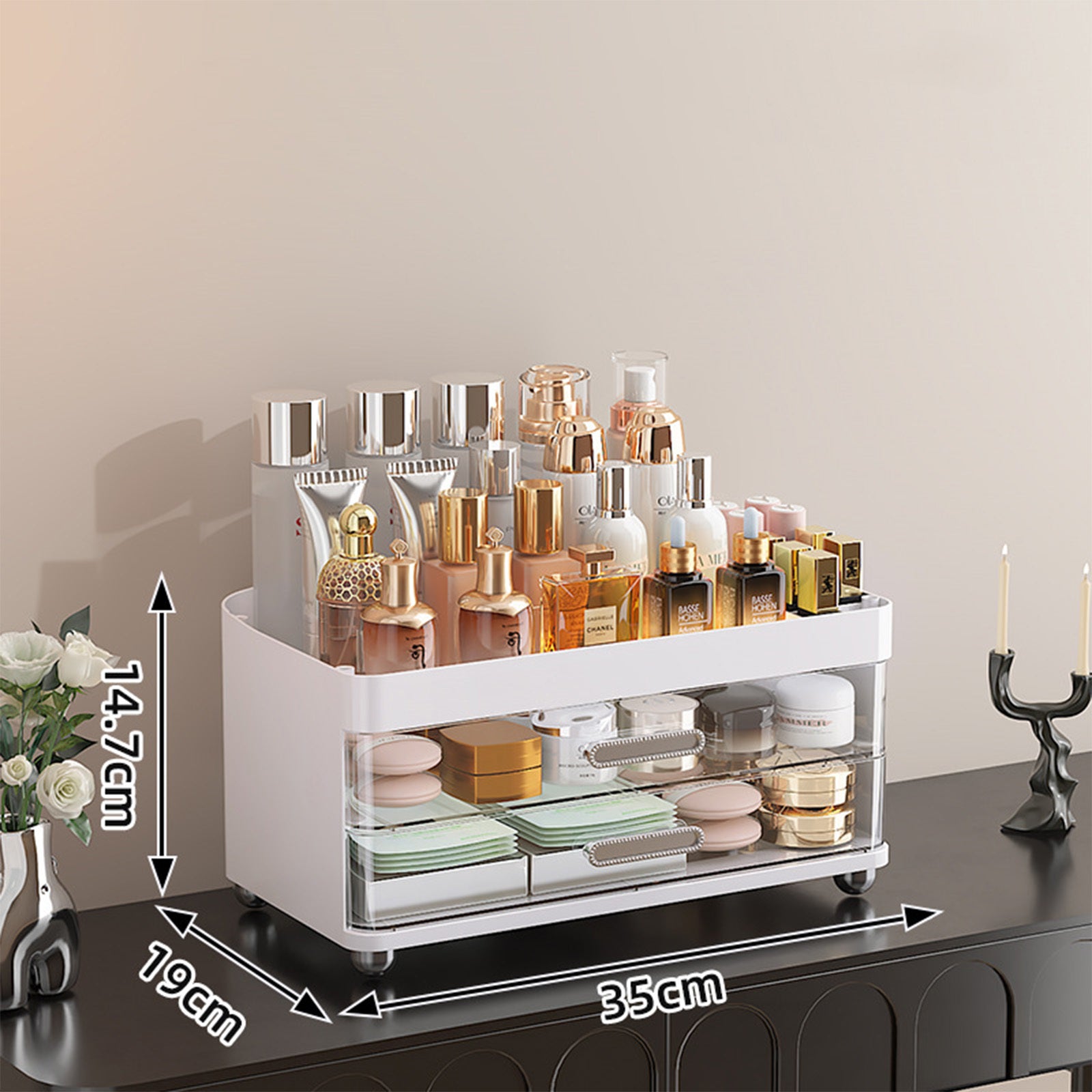 2 Drawers Makeup Organizer - 4 Tier Bathroom Organizers And Storage, Versatile Perfume Vanity Organizer, Ideal For Cosmetic, Large Skincare, Face Mask, Office Supplies - PULSE MART