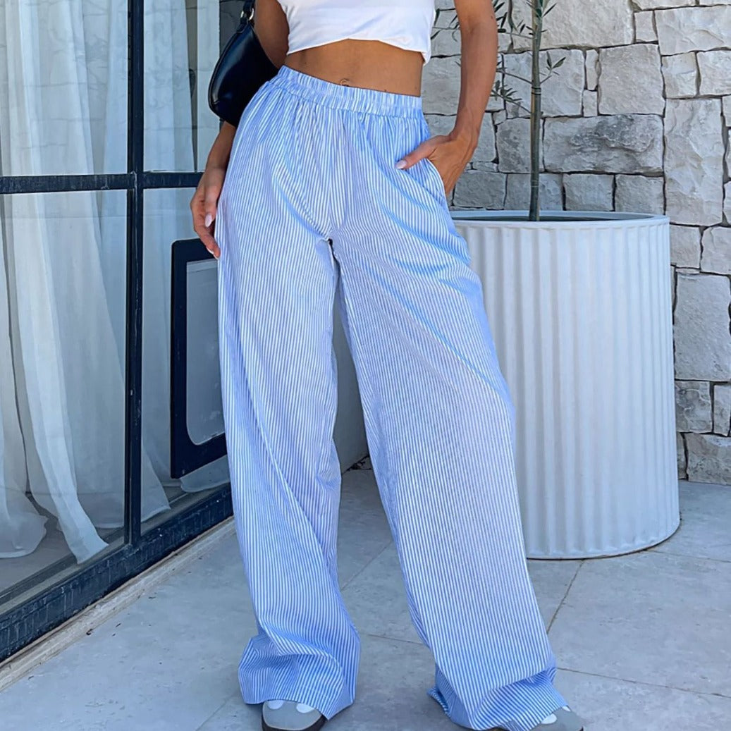 Fashion Y2K Striped Straight Trousers Summer Elastic High Waist Wide Leg Pants For Women - PULSE MART