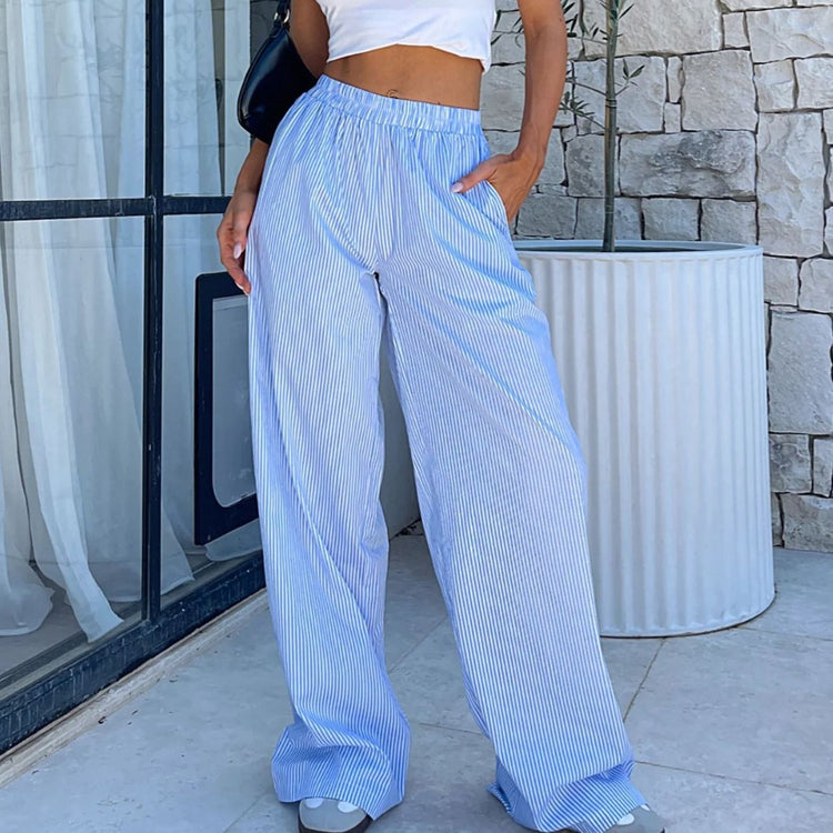 Fashion Y2K Striped Straight Trousers Summer Elastic High Waist Wide Leg Pants For Women - PULSE MART