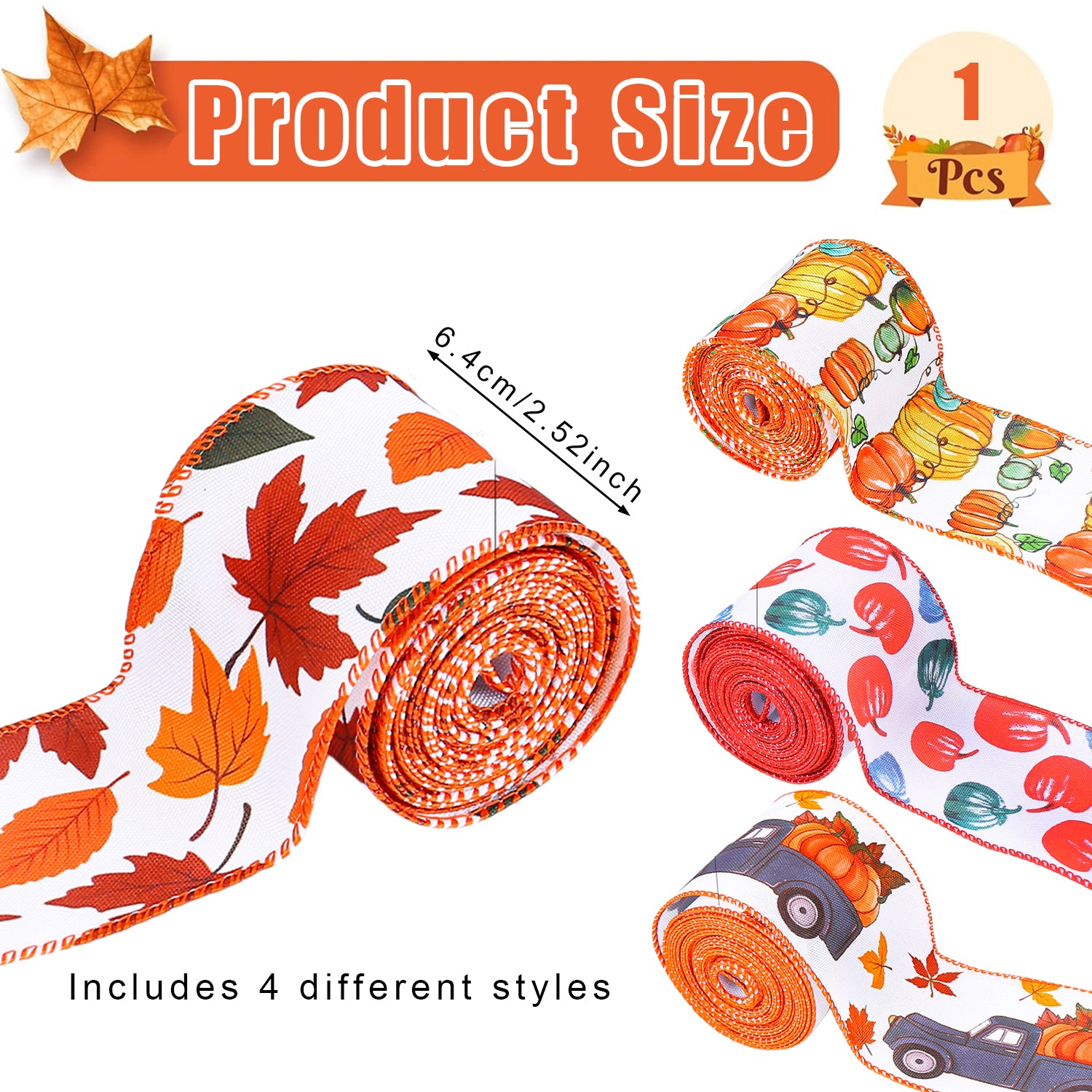 4Rolls 20Yards Thanksgiving Ribbons Autumn Wired Edge Ribbon Fall Themed Decorative Ribbon Pumpkin Maple Leaf Truck Grosgrain Ribbon For Thanksgiving Autumn Fall Party DIY Crafting Supplies - PULSE MART
