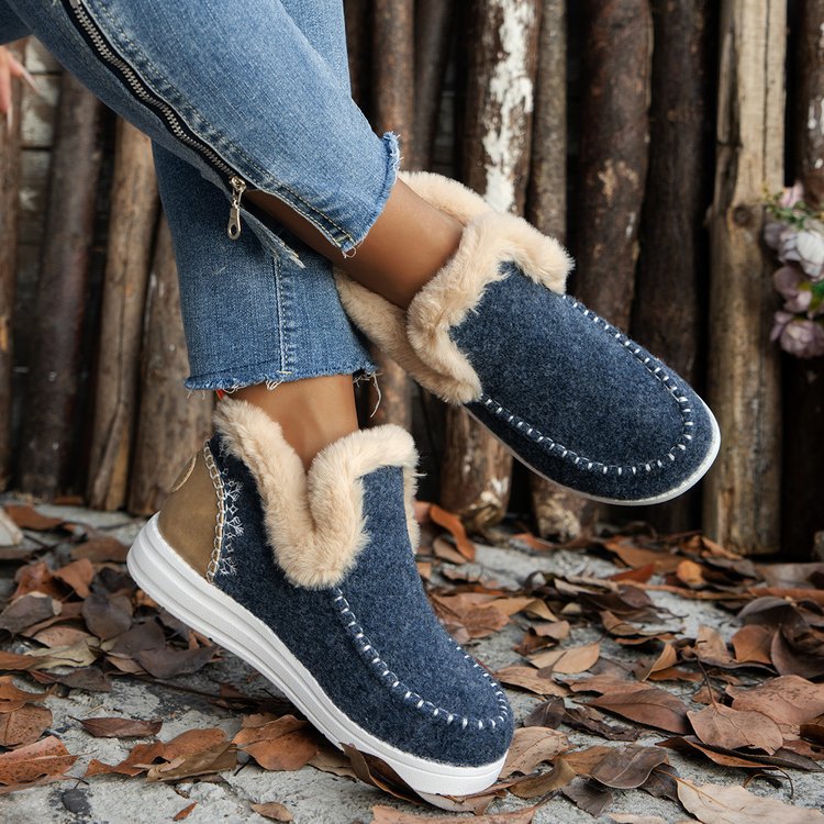 Fleece-lined Thick Plush Boots Warm Sewing Flat Cotton Shoes Winter Ankle Boot - PULSE MART