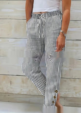 Fashion Striped Cotton Linen Elastic-waist Trousers Decorative Buckle Casual Pants - PULSE MART