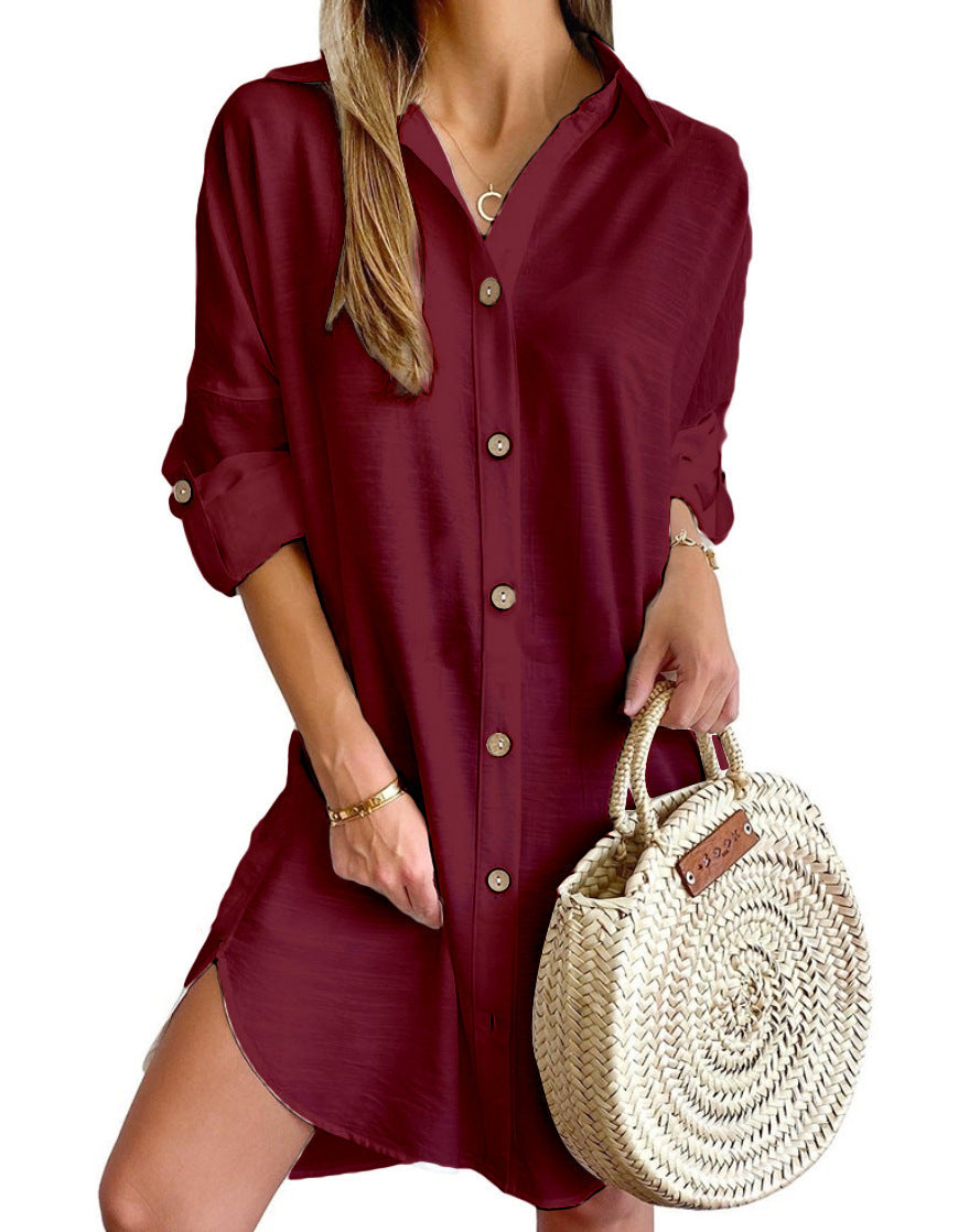 Women's Autumn Long Sleeve Button-Down Shirtdress - PULSE MART
