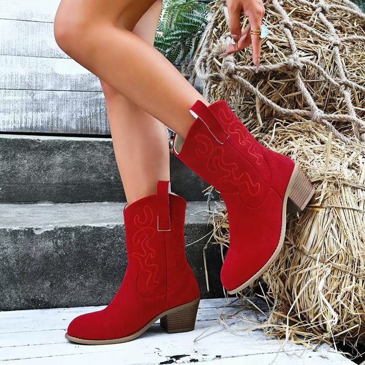 Pointed Toe Western Boots Fashion Retro Embroidered Chunky Square-heeled Mid-calf Boot For Women - PULSE MART