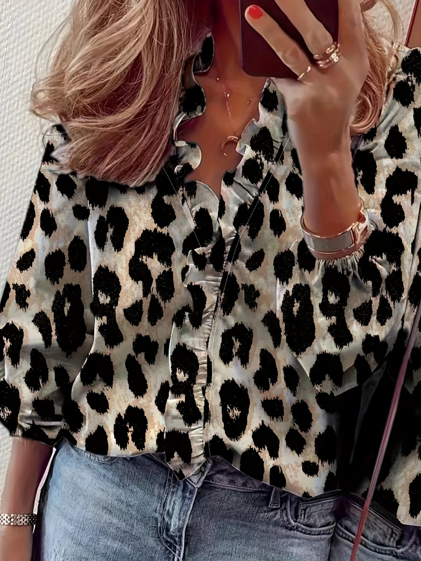 Pure Color Ruffle Hemline Shirt, Casual V-neck Long Sleeve Shirt. - PULSE MART