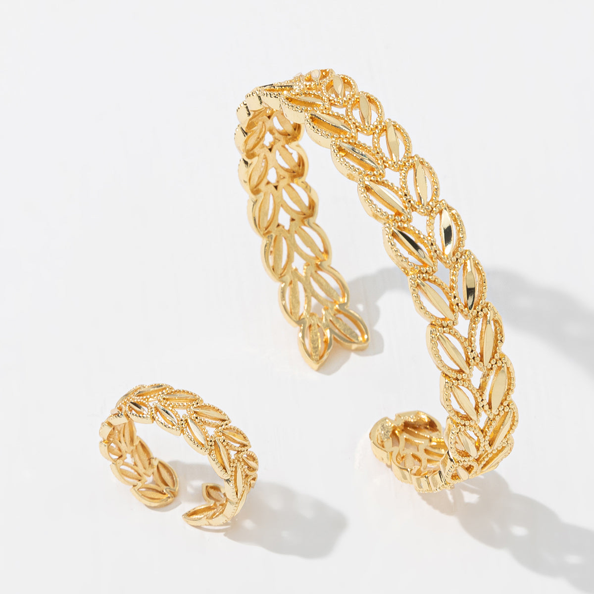 2Pcs Fashion 18k Gold Plated Wheat Ear Leaves Opening Bracelet Ring Set Suitable For Women&
