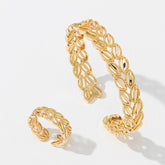 2Pcs Fashion 18k Gold Plated Wheat Ear Leaves Opening Bracelet Ring Set Suitable For Women&