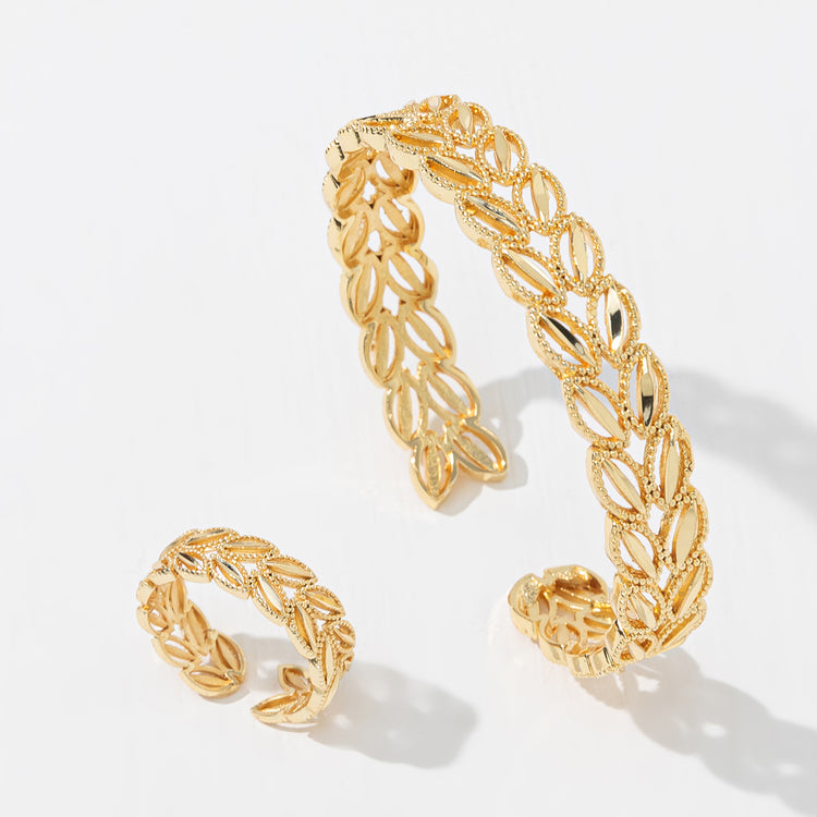 2Pcs Fashion 18k Gold Plated Wheat Ear Leaves Opening Bracelet Ring Set Suitable For Women&