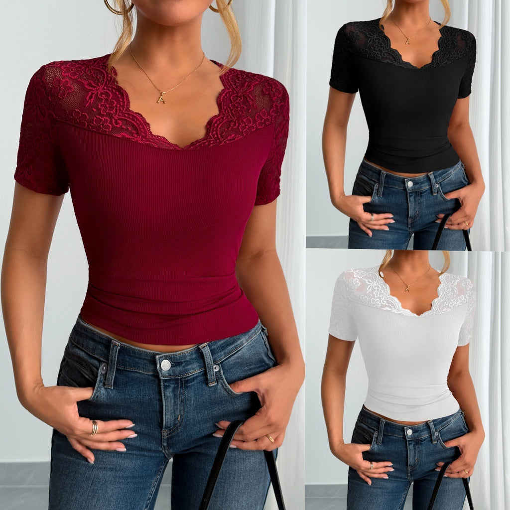 Neckline Cuff Stitching Lace Clothes Spring Women - PULSE MART