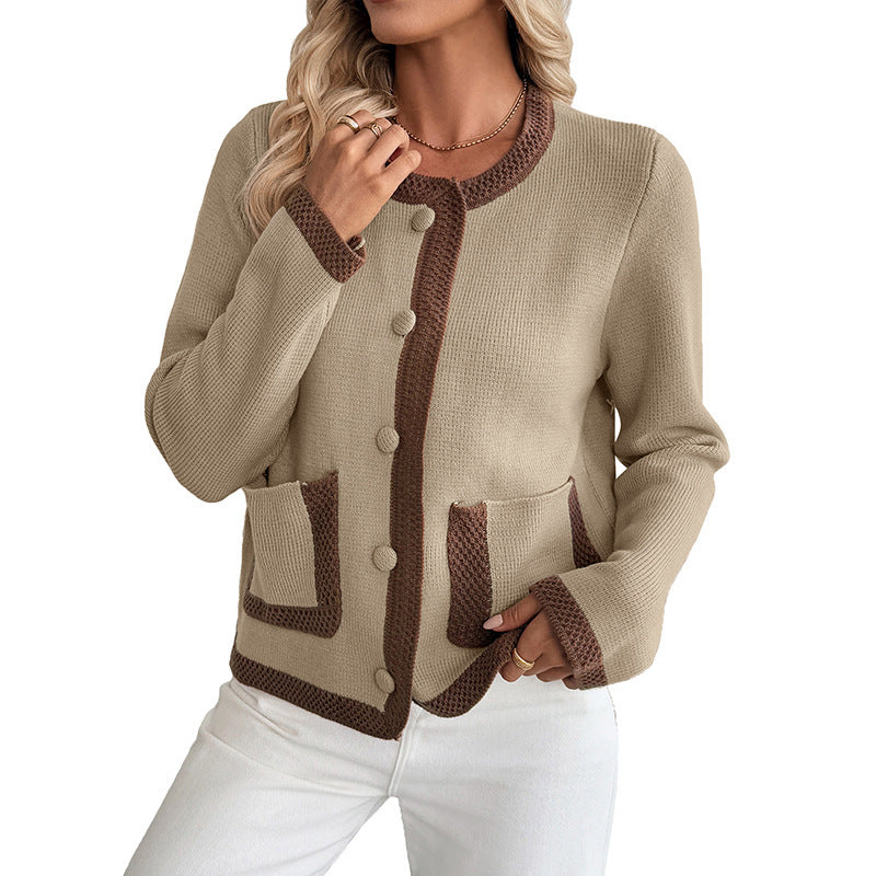 Contrast Color Knitted Cardigan Women's Sweater Coat - PULSE MART