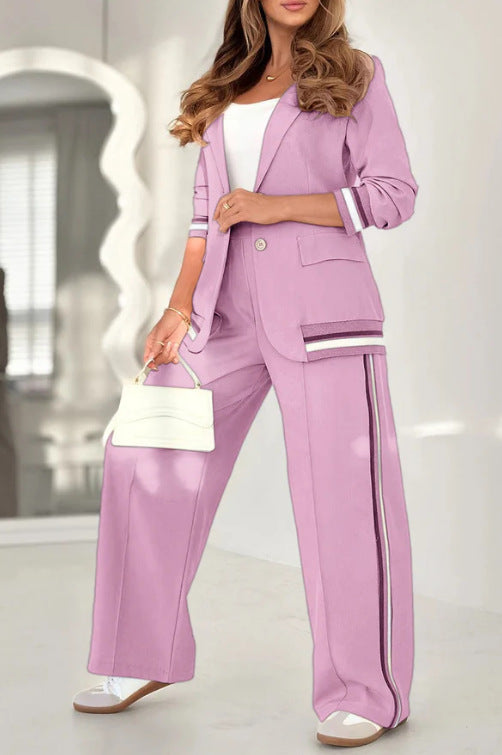 2 Pcs Set Women Suit Coat Pants Suit Lapel Long Sleeves Lady Jacket Wide Leg High Waist Trousers Female Commuting Office Outfit - PULSE MART