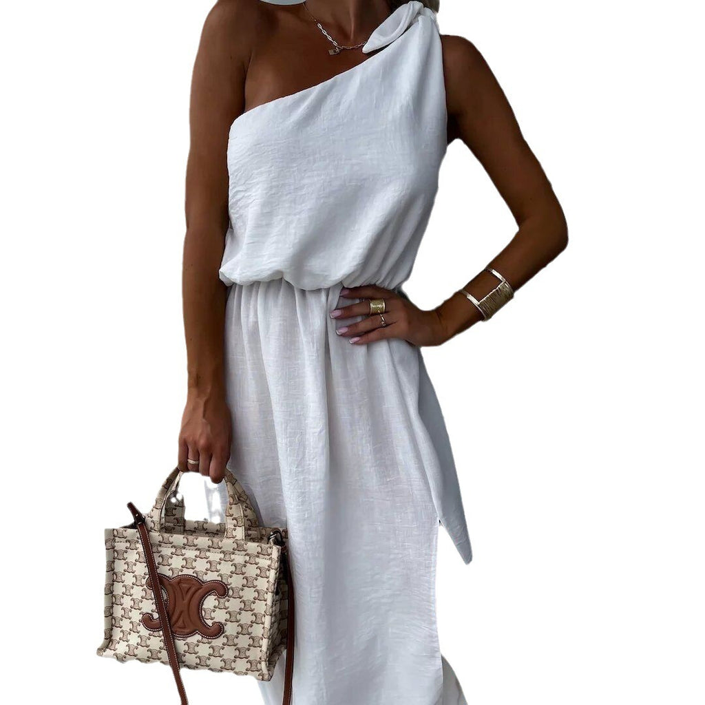 Slant Shoulder Sleeveless Split Large Swing Dress - PULSE MART