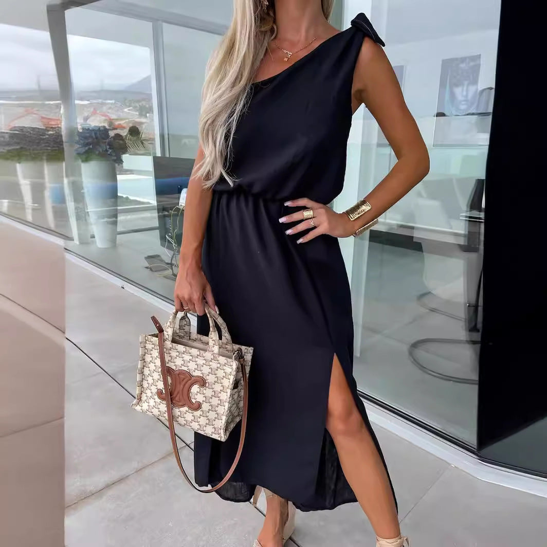 Slant Shoulder Sleeveless Split Large Swing Dress - PULSE MART
