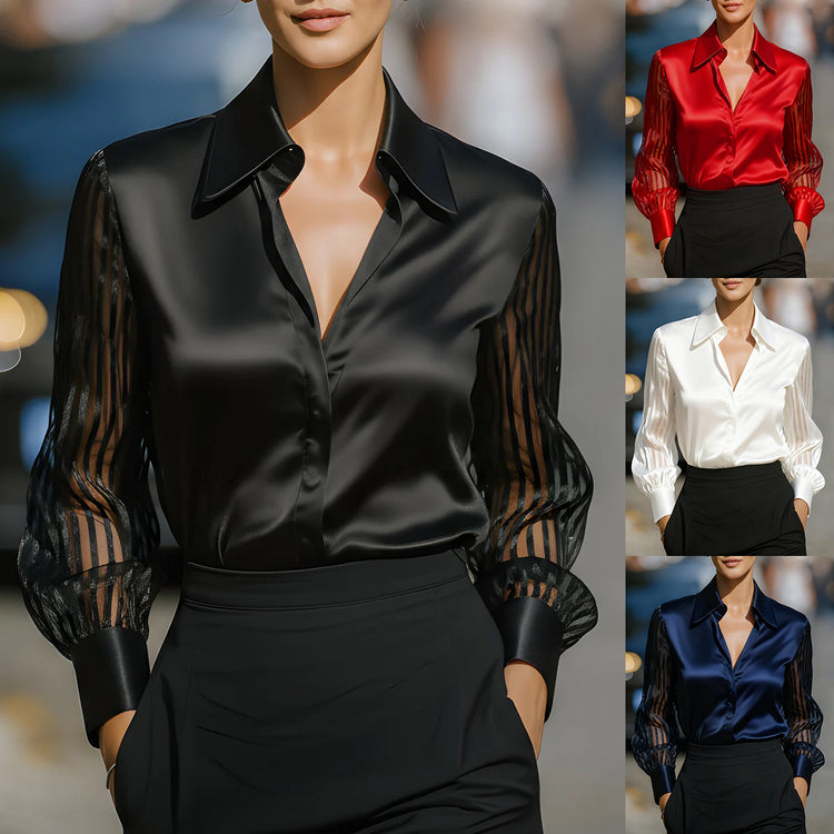 Solid Color Versatile Loose Satin Long Sleeve Shirt Women - PULSE MART