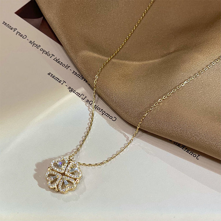 Retro Magnetic Folding Heart Shaped Four Leaf Clover Pendant Necklace Women Love Clavicle Chain Gifts Openable Choker Jewelry - PULSE MART