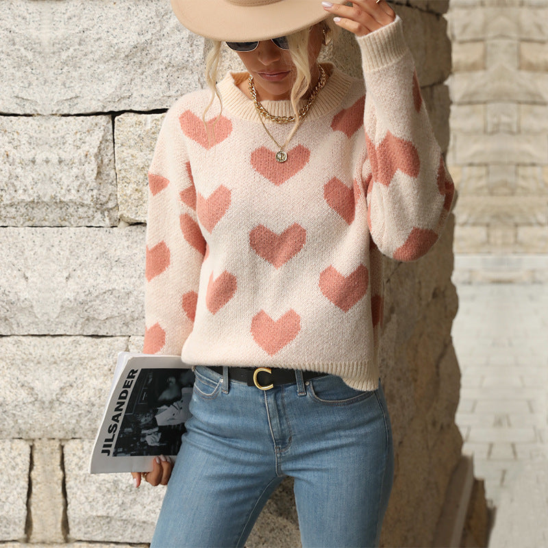 Fashion Love Print Knitting Sweater Casual Pullover Long-sleeved Top Womens Clothing - PULSE MART