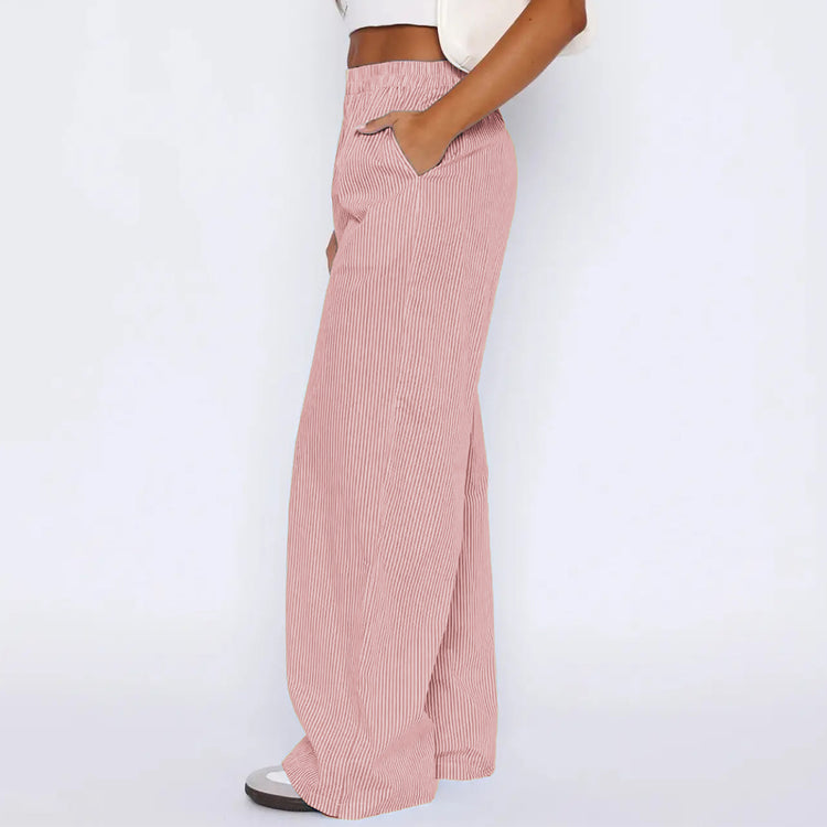 Striped Trousers With Pockets Ins Fashion Casual Wide Leg Straight Pants For Women Clothing - PULSE MART