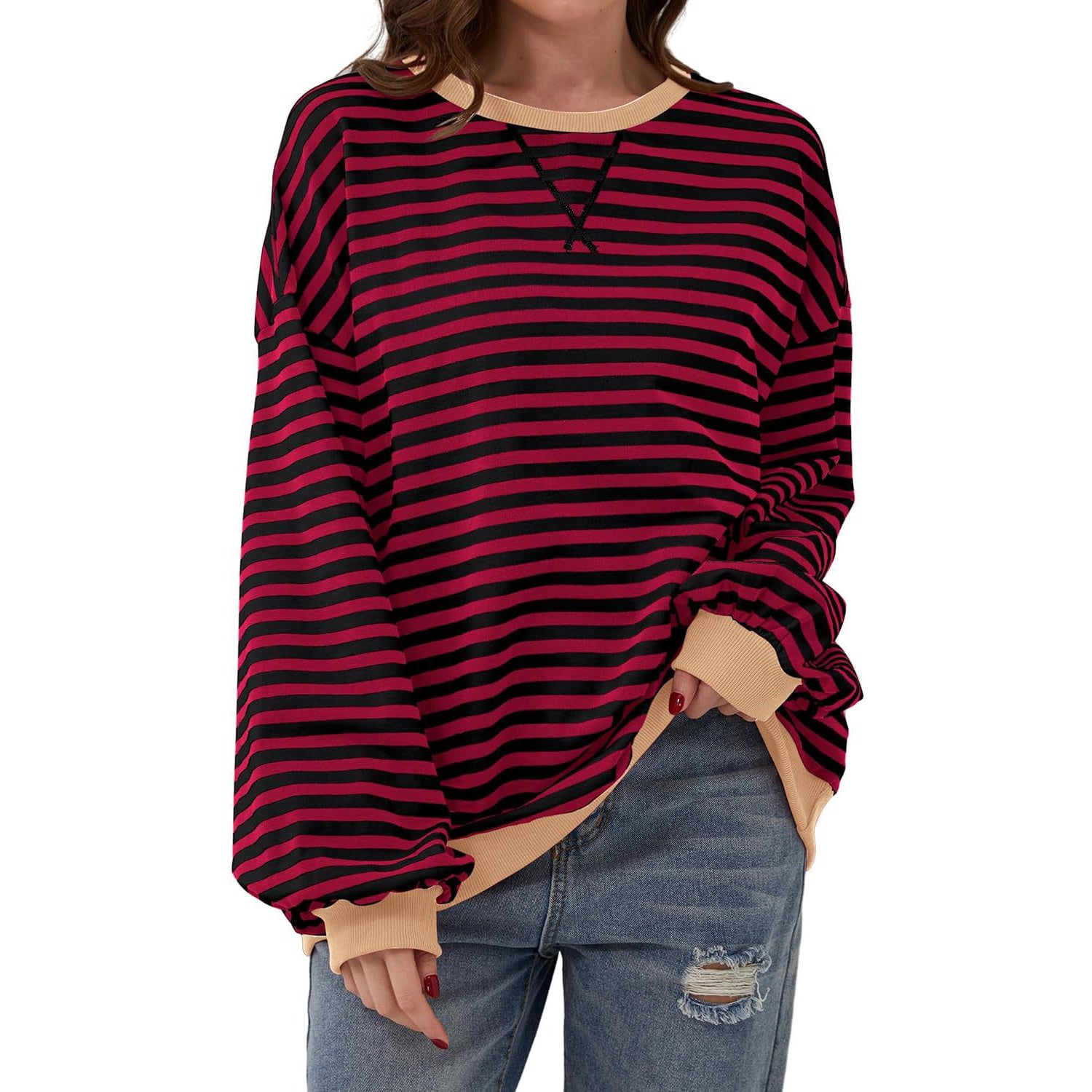 Loose Striped Long Sleeve T-shirt Casual Pullover Sweater For Womens Clothing - PULSE MART