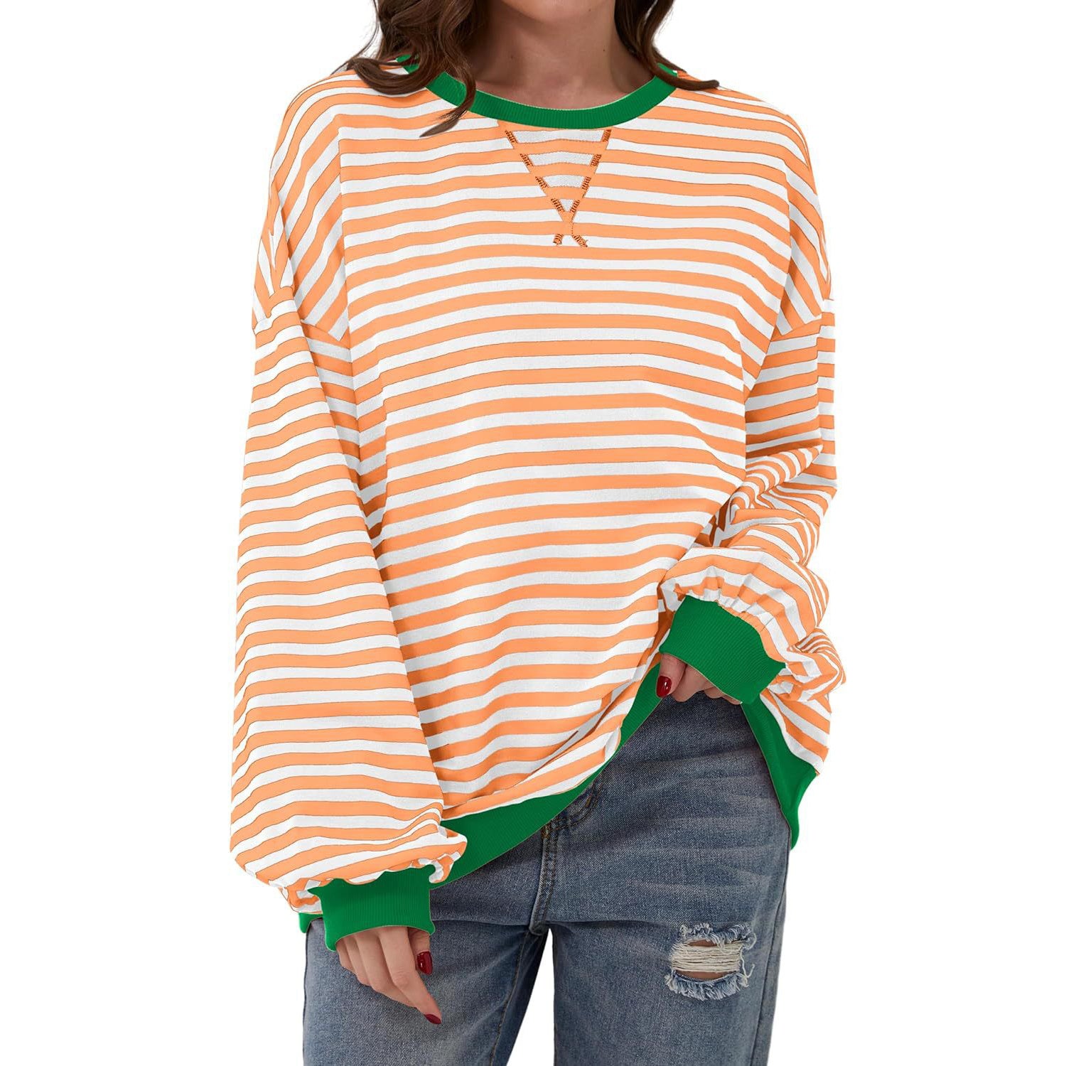 Loose Striped Long Sleeve T-shirt Casual Pullover Sweater For Womens Clothing - PULSE MART