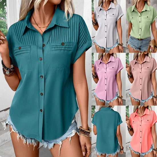 Lapel Shoulder Pleated Pocket Short Sleeve Top ShirtT-shirt Women - PULSE MART