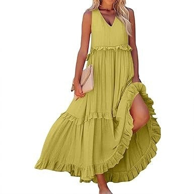 Casual V-neck Pleated Loose Flowy Ruffled Dress - PULSE MART
