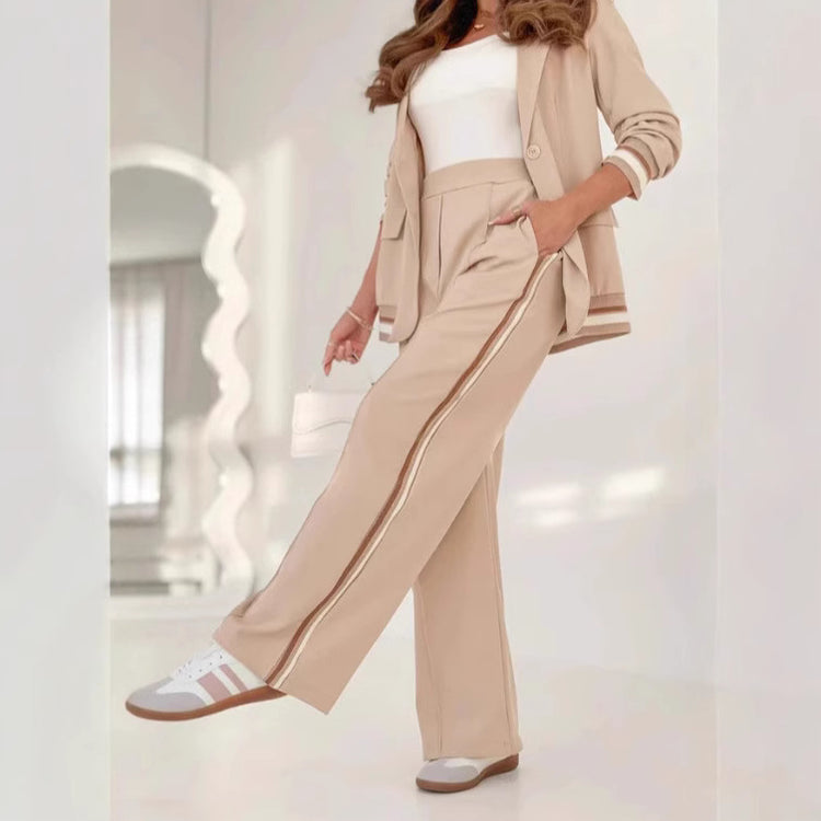 2 Pcs Set Women Suit Coat Pants Suit Lapel Long Sleeves Lady Jacket Wide Leg High Waist Trousers Female Commuting Office Outfit - PULSE MART