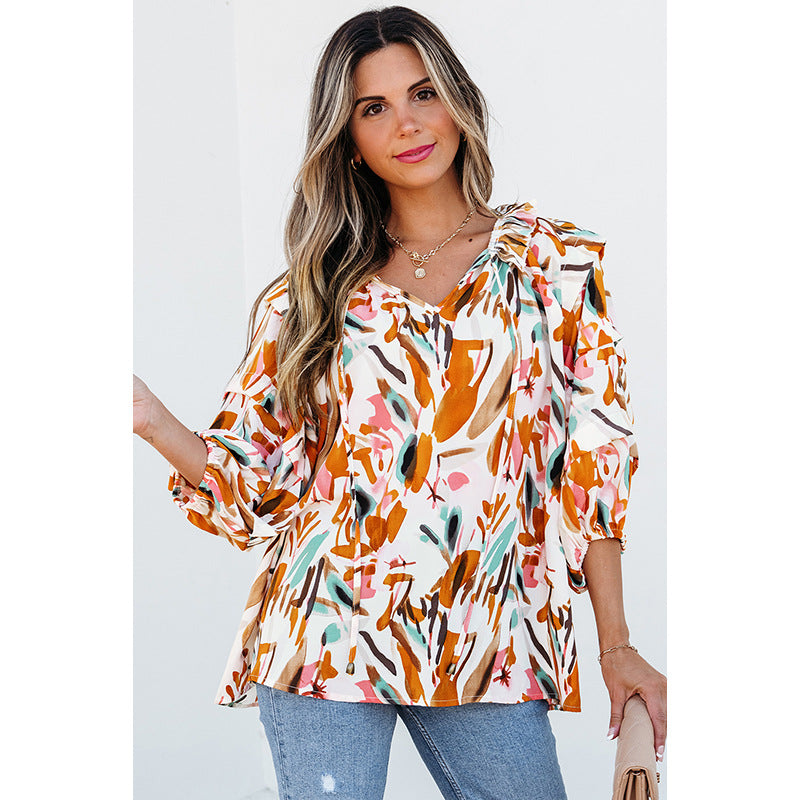European And American Fashion Colorblock Printed V-neck Chiffon Shirt Women - PULSE MART