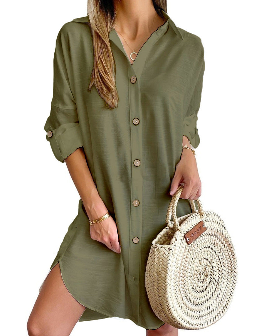 Women's Autumn Long Sleeve Button-Down Shirtdress - PULSE MART