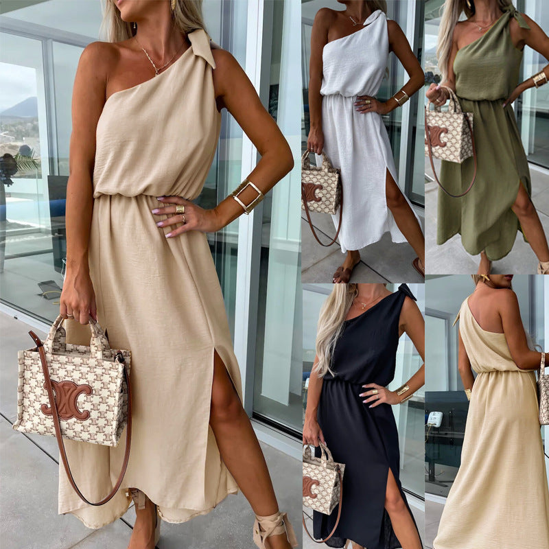 Slant Shoulder Sleeveless Split Large Swing Dress - PULSE MART