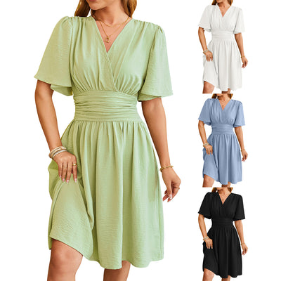 V-neck Short-sleeved Dress Fashion Bell-sleeved Dress Summer Womens Clothing - PULSE MART
