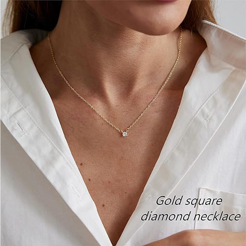 Dainty Diamond Solitaire Pendant Necklaces For Women, 14K Gold Plated Single Round Cubic Zirconia Square Simulated Diamond Choker Necklace Jewelry Gifts - PULSE MART