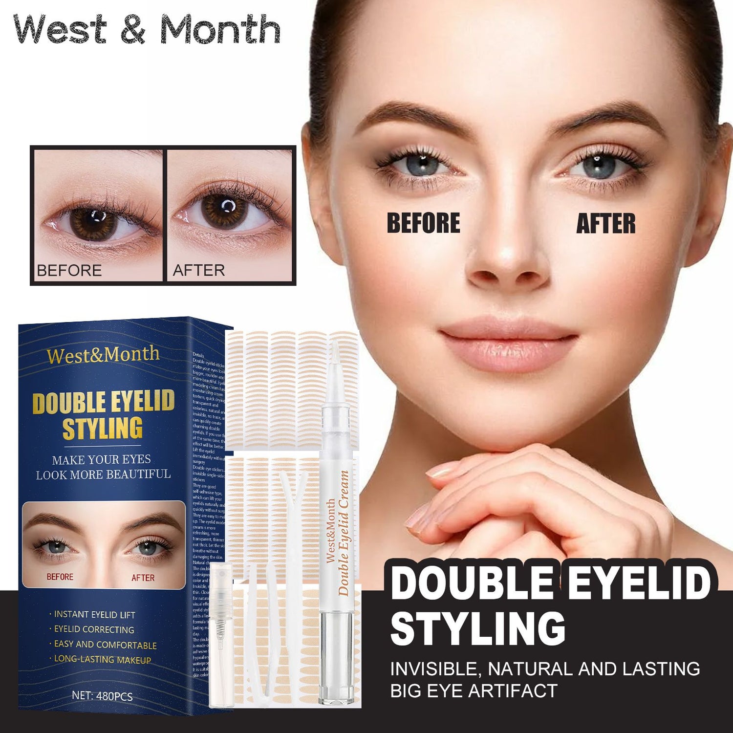 West&Month Double Eyelid Tape - Invisible, No-Glue, Natural Mesh Adhesive, Activates With Water, Beautiful Eyes, Olive Shaped Lace - PULSE MART