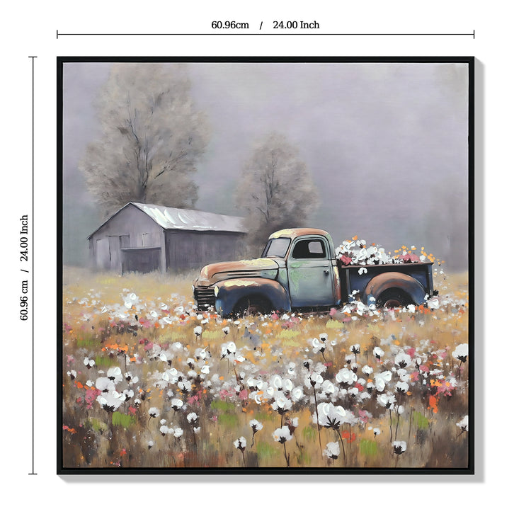 Farmhouse Old Truck Canvas Wall Art, Old Barn Pictures Wall Art, Country Antique Pickup Truck Canvas Prints, Blue Truck With Red Floral Flower Art Prints For Farmhouse Spring Decor 24 Hx24 W Inches - PULSE MART