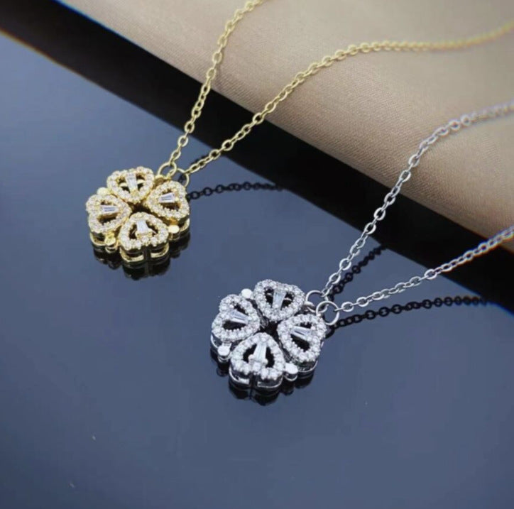 Retro Magnetic Folding Heart Shaped Four Leaf Clover Pendant Necklace Women Love Clavicle Chain Gifts Openable Choker Jewelry - PULSE MART