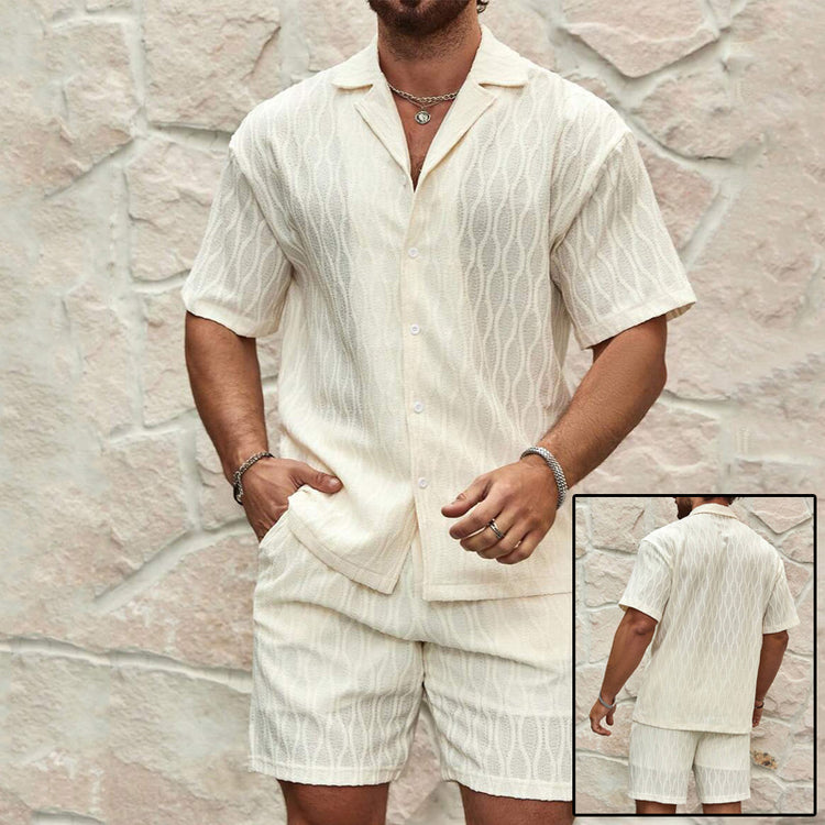 Men Tracksuits Summer Fashion Solid Loose Casual Two Pieces Lapel Button Shirt Shorts Beach Holiday All-match Outfits Male - PULSE MART