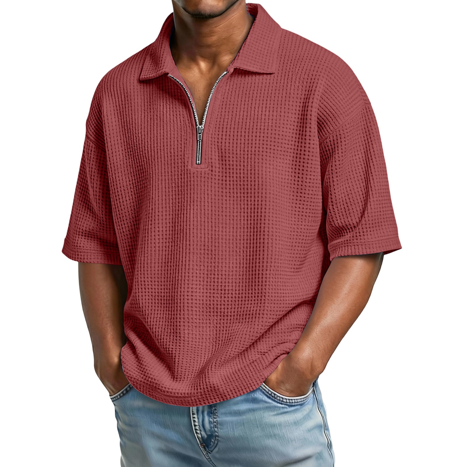 Men's Waffle-Weave Short-Sleeved Shirts Summer Solid Color Lapel Polo Shirt T-Shirt Beach Style Tops - PULSE MART