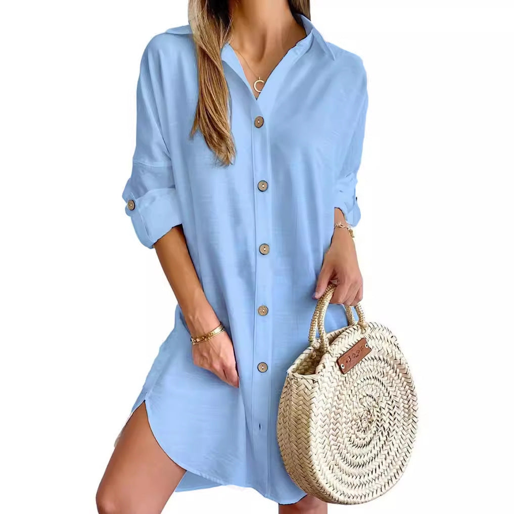Women's Autumn Long Sleeve Button-Down Shirtdress - PULSE MART