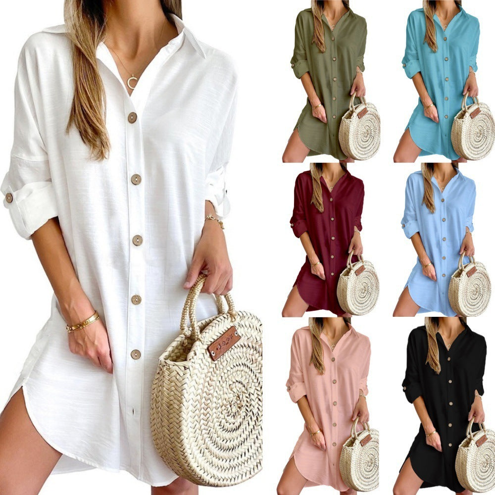 Women's Autumn Long Sleeve Button-Down Shirtdress - PULSE MART