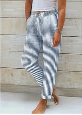 Fashion Striped Cotton Linen Elastic-waist Trousers Decorative Buckle Casual Pants - PULSE MART
