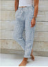 Fashion Striped Cotton Linen Elastic-waist Trousers Decorative Buckle Casual Pants - PULSE MART