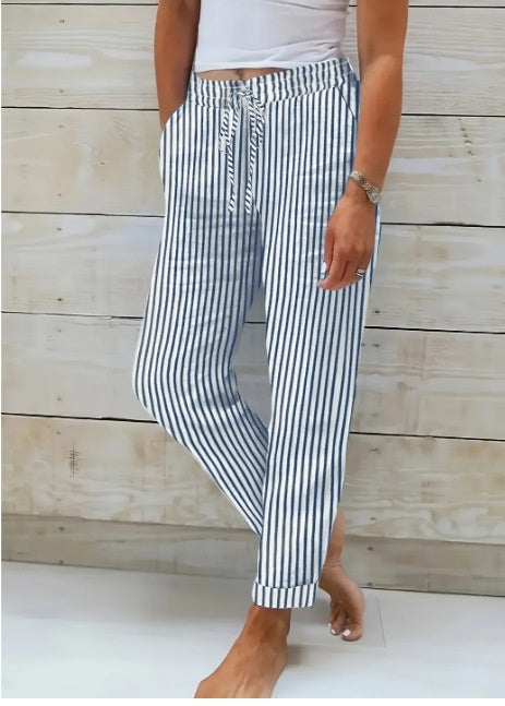 Fashion Striped Cotton Linen Elastic-waist Trousers Decorative Buckle Casual Pants - PULSE MART
