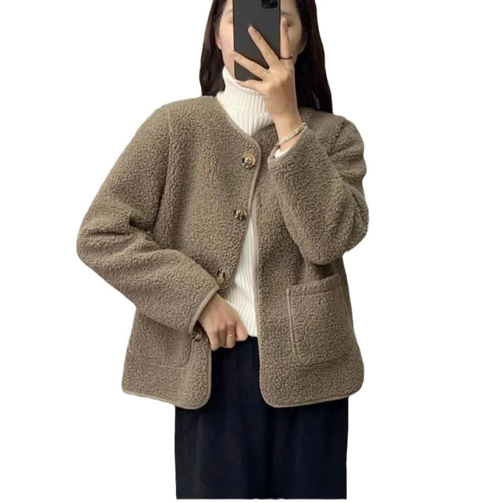 Round Neck Lamb Wool Loose Coat - PULSE MART