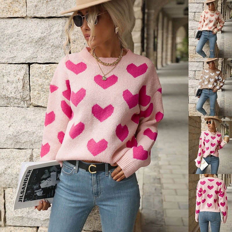 Fashion Love Print Knitting Sweater Casual Pullover Long-sleeved Top Womens Clothing - PULSE MART