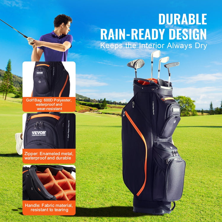 Golf Cart Bag With 14 Way Organizer Divider Top, 36” 13 Pockets Premium Cart Bag, Durable Golf Bags With Handles & Dust Cover & Detachable Straps For Men & Women, Black & Orange - PULSE MART